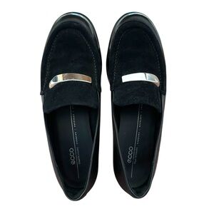 ECCO Sculpted LX Women’s Black Leather Loafer Suede Insert Slip On Silver Bar